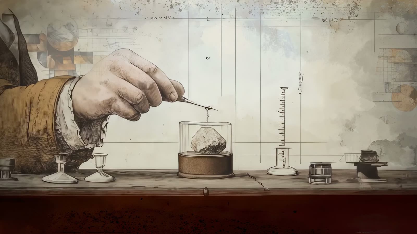 Film still: a hand placing a mineral specimen into a glass vessel on a laboratory bench
