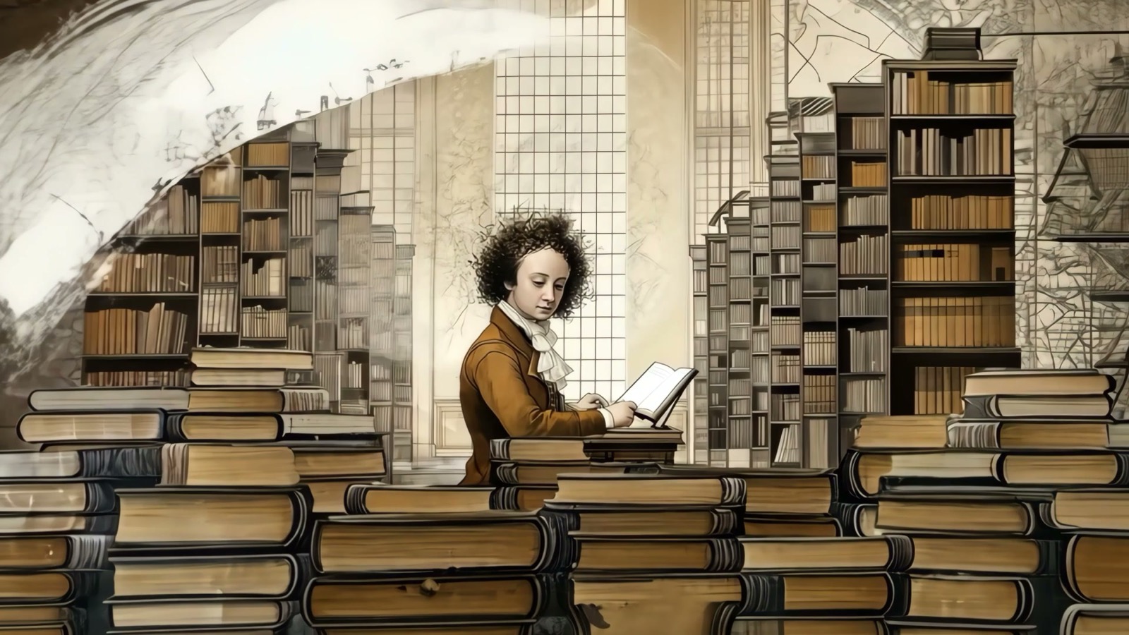 Film still: Newton reading at a lectern among tall bookcases and stacks of books