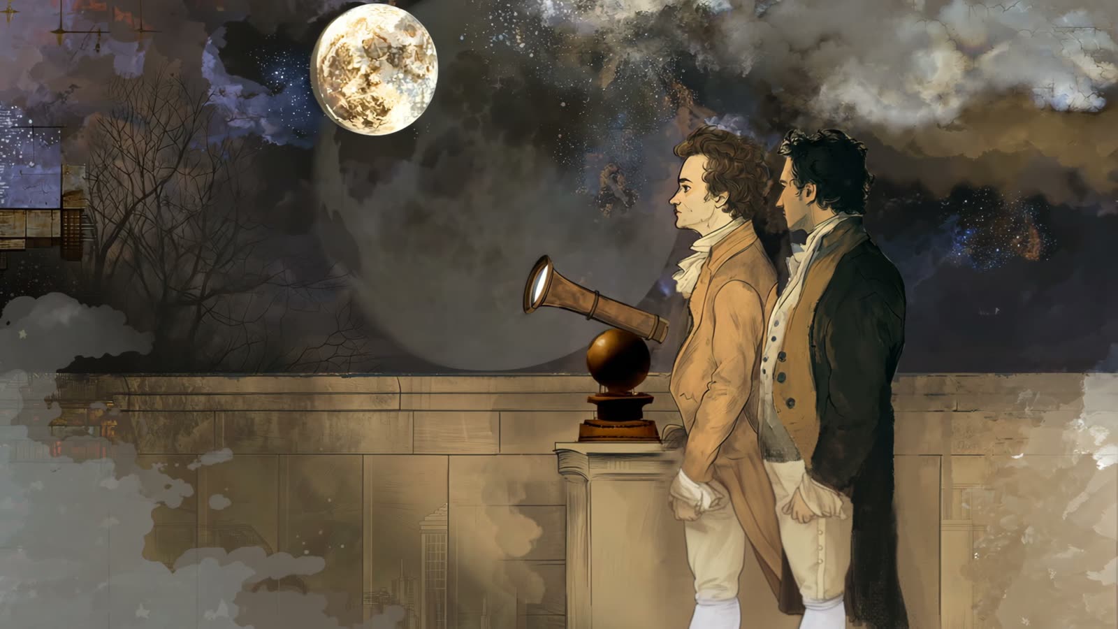 Film still: Wickins and Newton beside a small telescope at a window, a full moon outside