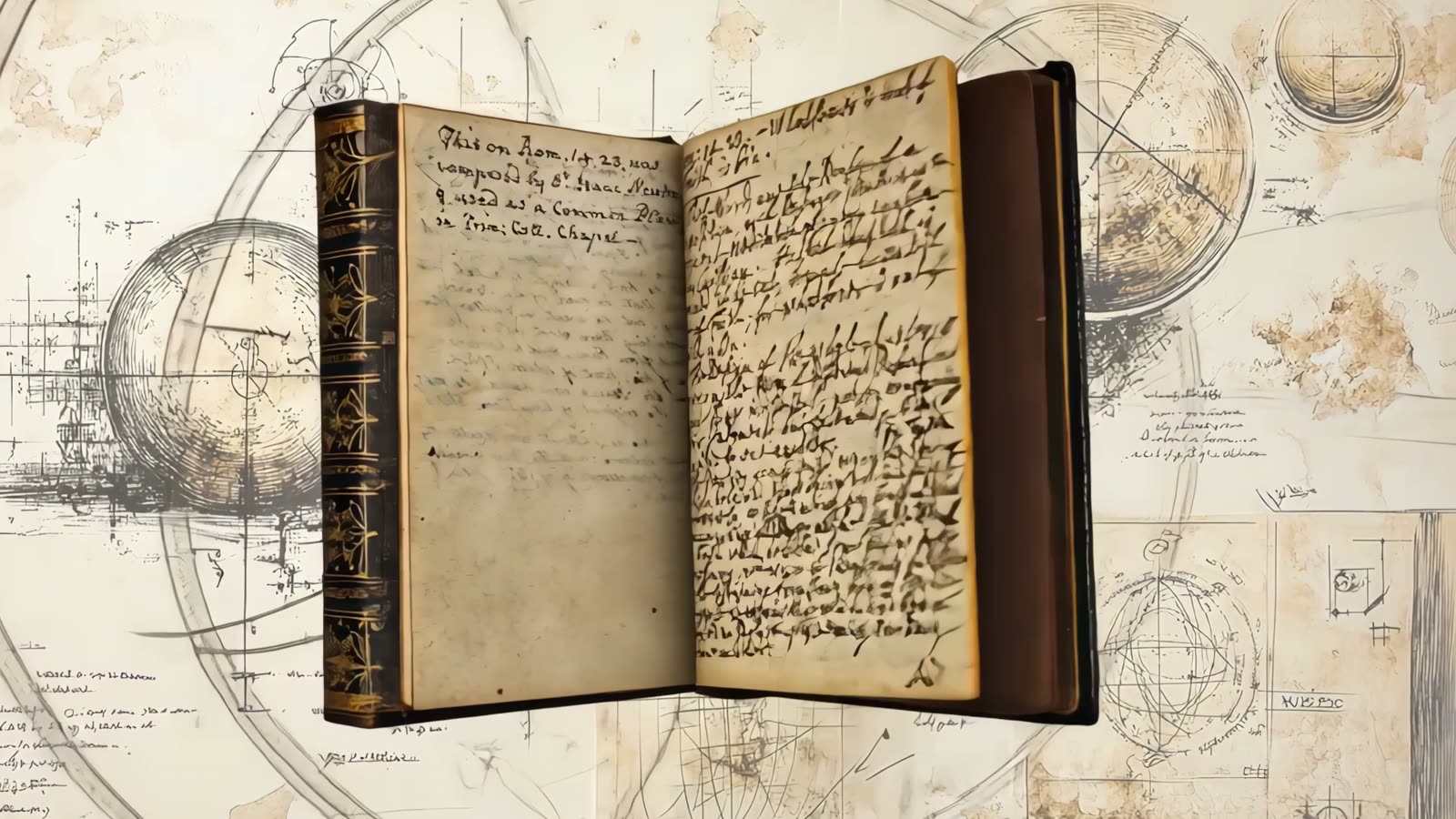 Film still: an open leather-bound notebook full of handwriting, over faint diagrams