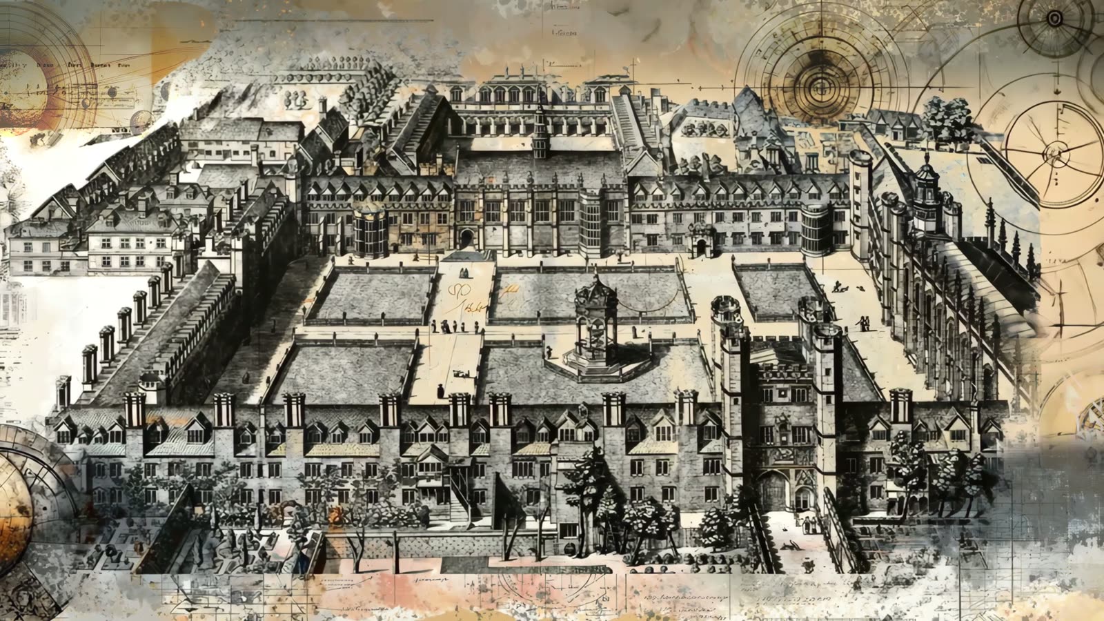 Film still: the engraved bird's-eye view of Trinity College that opens the film