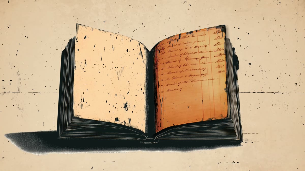 Film still: an open ledger book