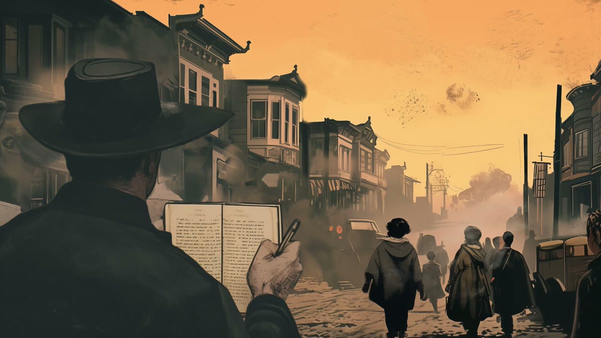 Film still: a figure holding documents in a smoky Chinatown street