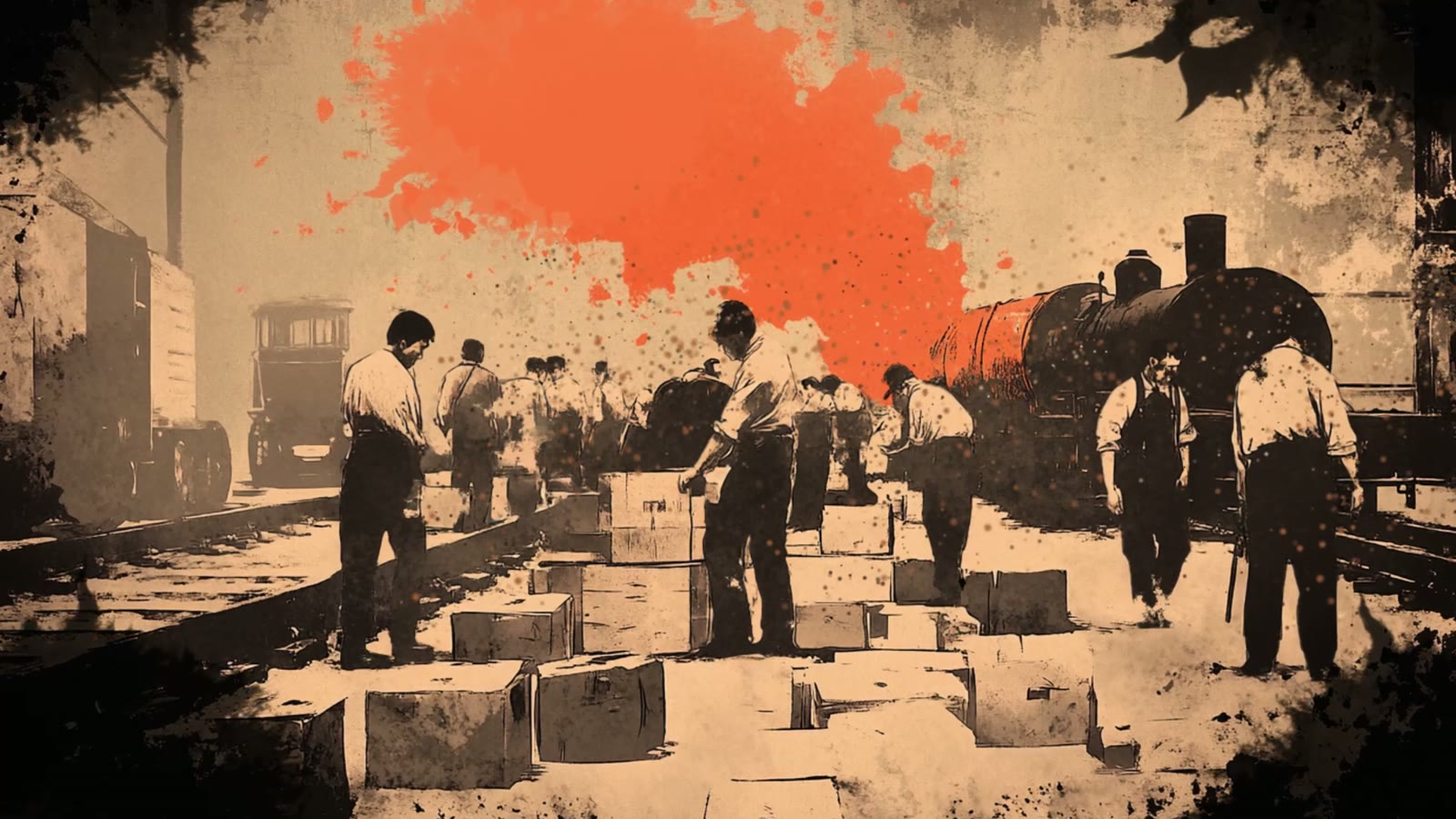 Film still: a group of Chinese men with crates and bundles, red smoke behind them