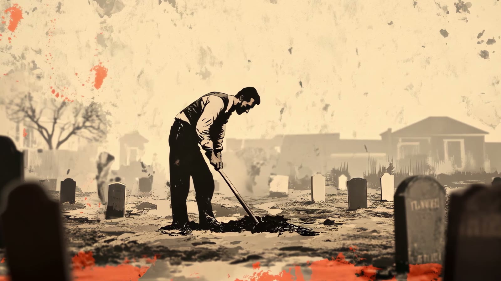 Film still: a gravedigger at work among headstones, in ink and wash