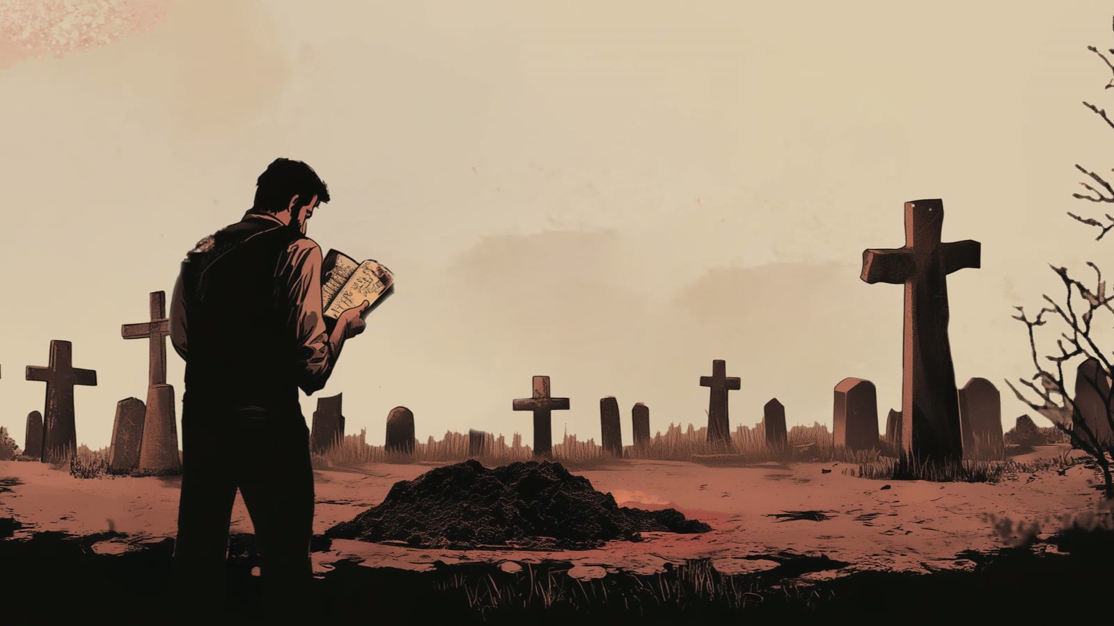 Film still: the gravedigger reading his ledger among crosses and headstones