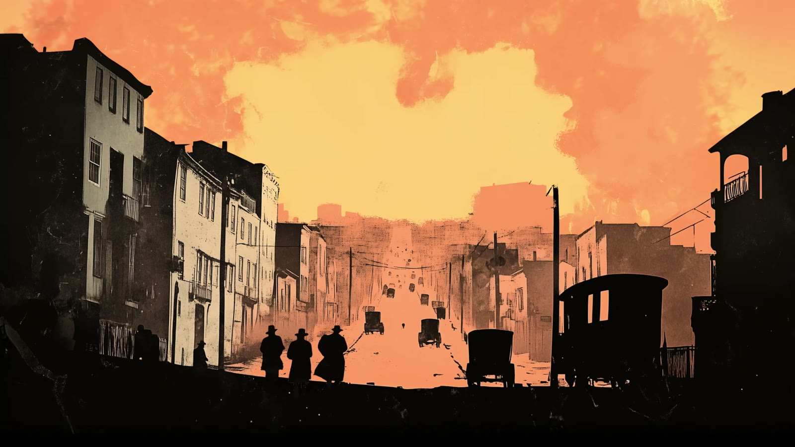 Film still: a town street at dusk, figures and wagons in silhouette