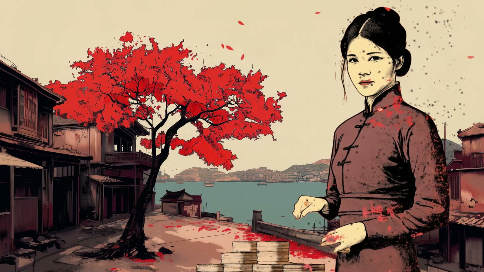 Film still: a woman in a dark dress beneath a red-blossomed tree, a town and water behind her