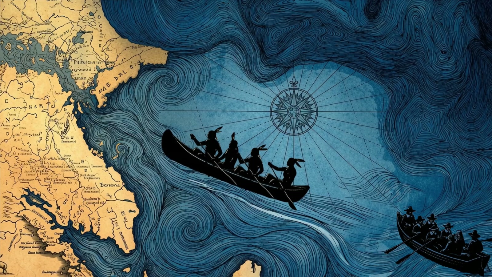 Film still: a canoe crew crossing a stylised map with a compass rose