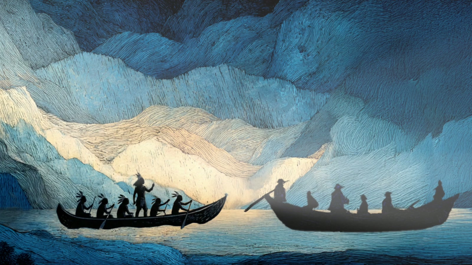 Film still: two silhouetted crews in boats side by side on stylised blue water