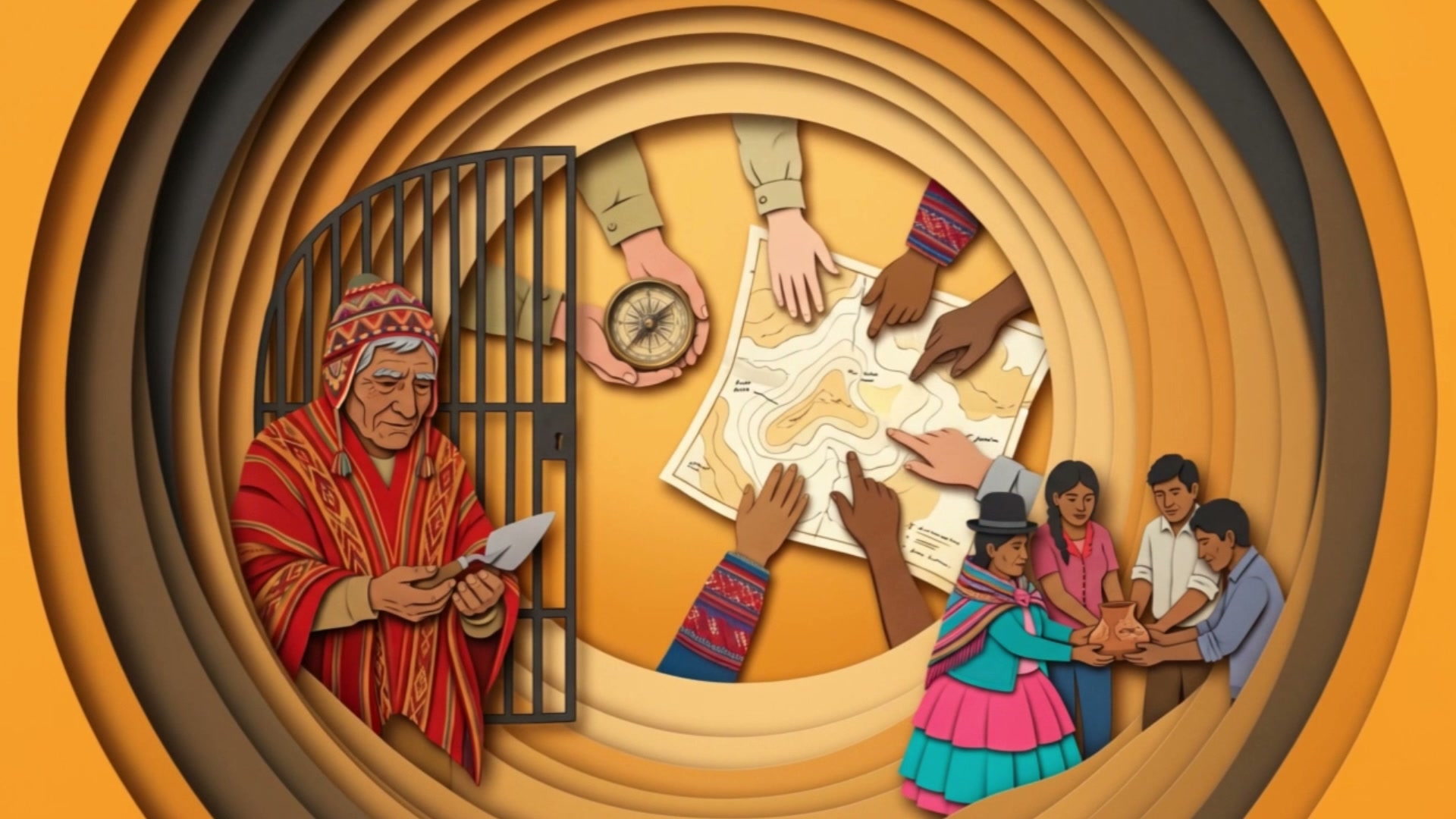 Film still: several hands, including local hands, spread a map open together