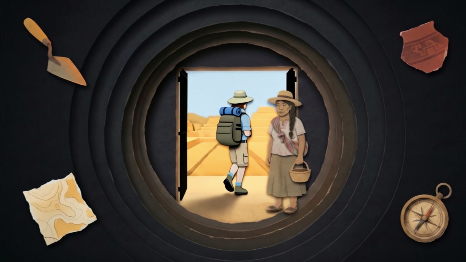 Film still: a researcher with a backpack walks in through the open iron gate to the site, while a local woman with a basket stays to one side, seen through the rings