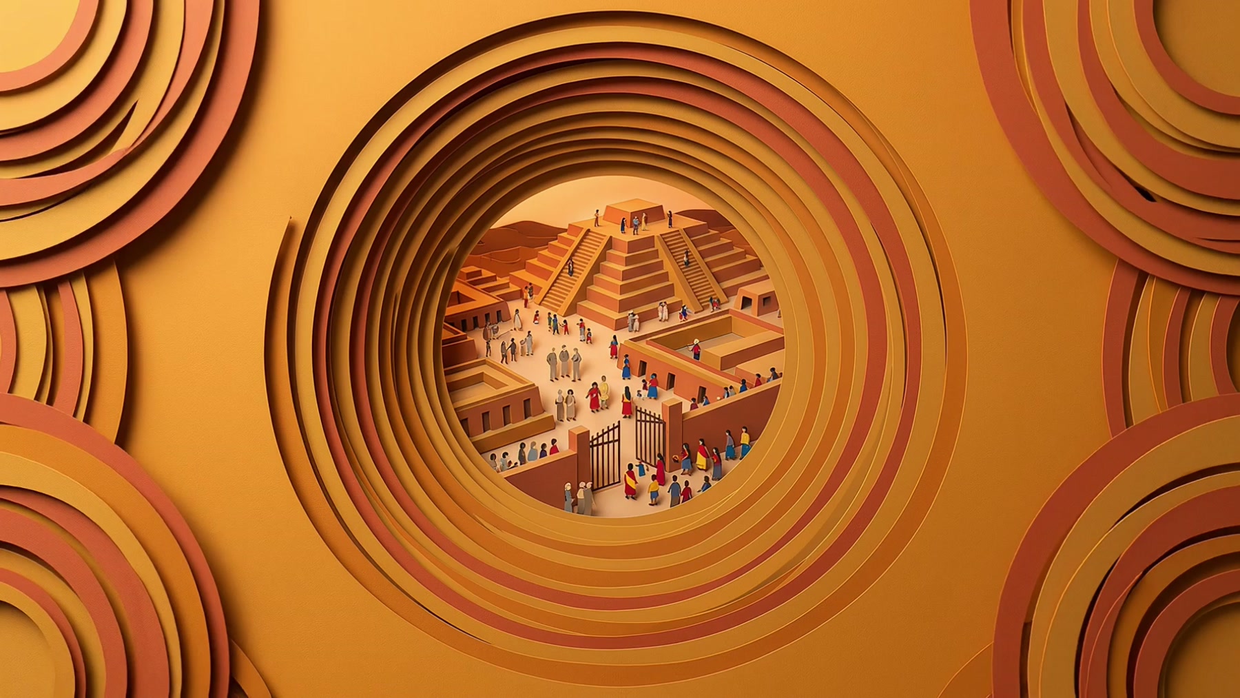 Film still: the archaeological site seen through the rings, filled with people