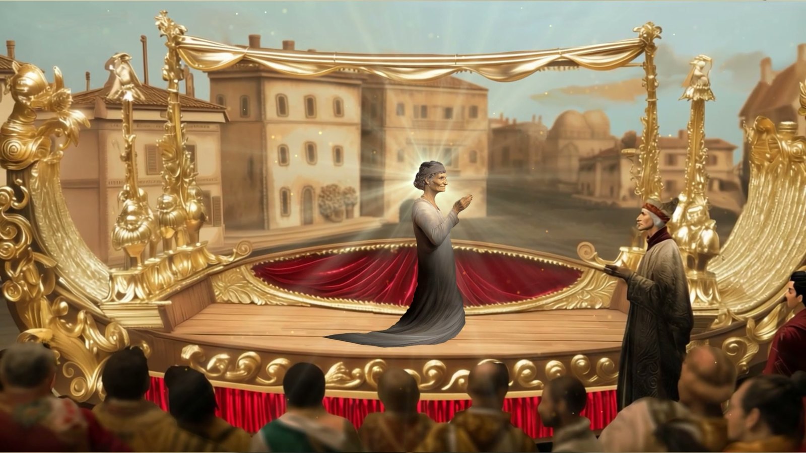 Film still: Cassandra Fedele, an elderly woman in a long grey gown, speaking at the centre of the Bucintoro's gilded stage before a crowd