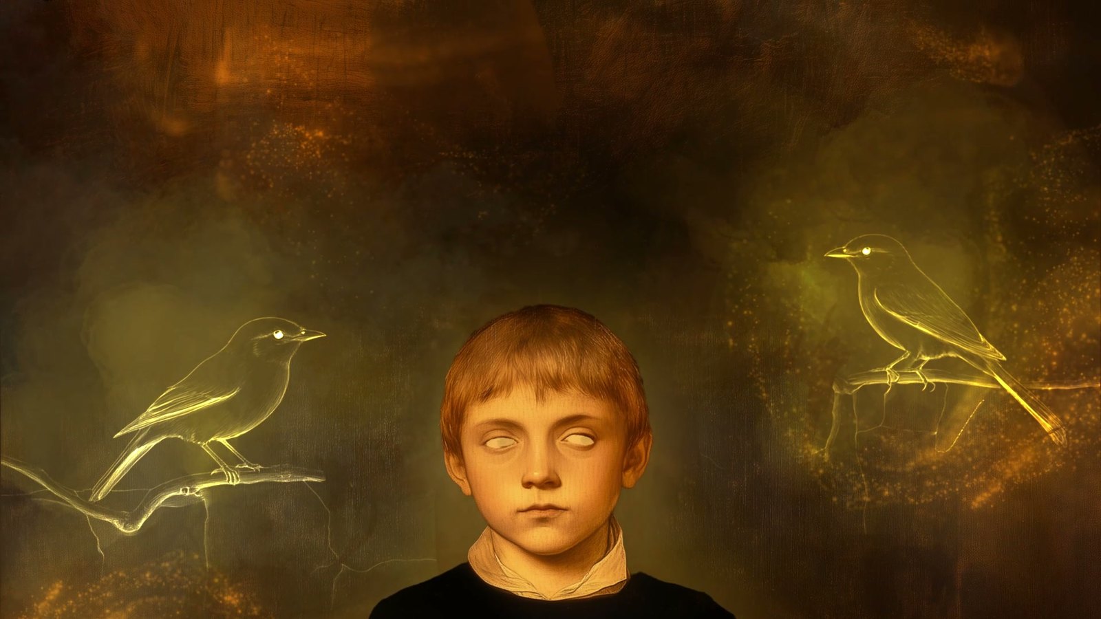 Film still: Luigi Groto, a blind boy, at the centre of a dark golden field, two birds drawn in light on either side