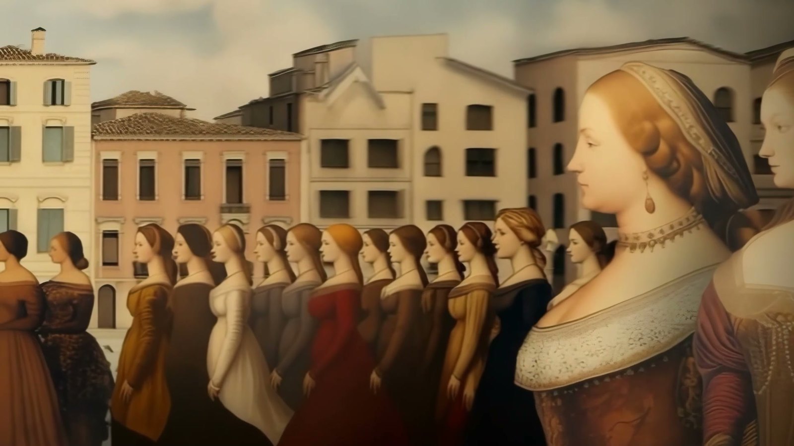 Film still: a long line of noblewomen in Renaissance dress, one in profile in the foreground, before the houses of Padua