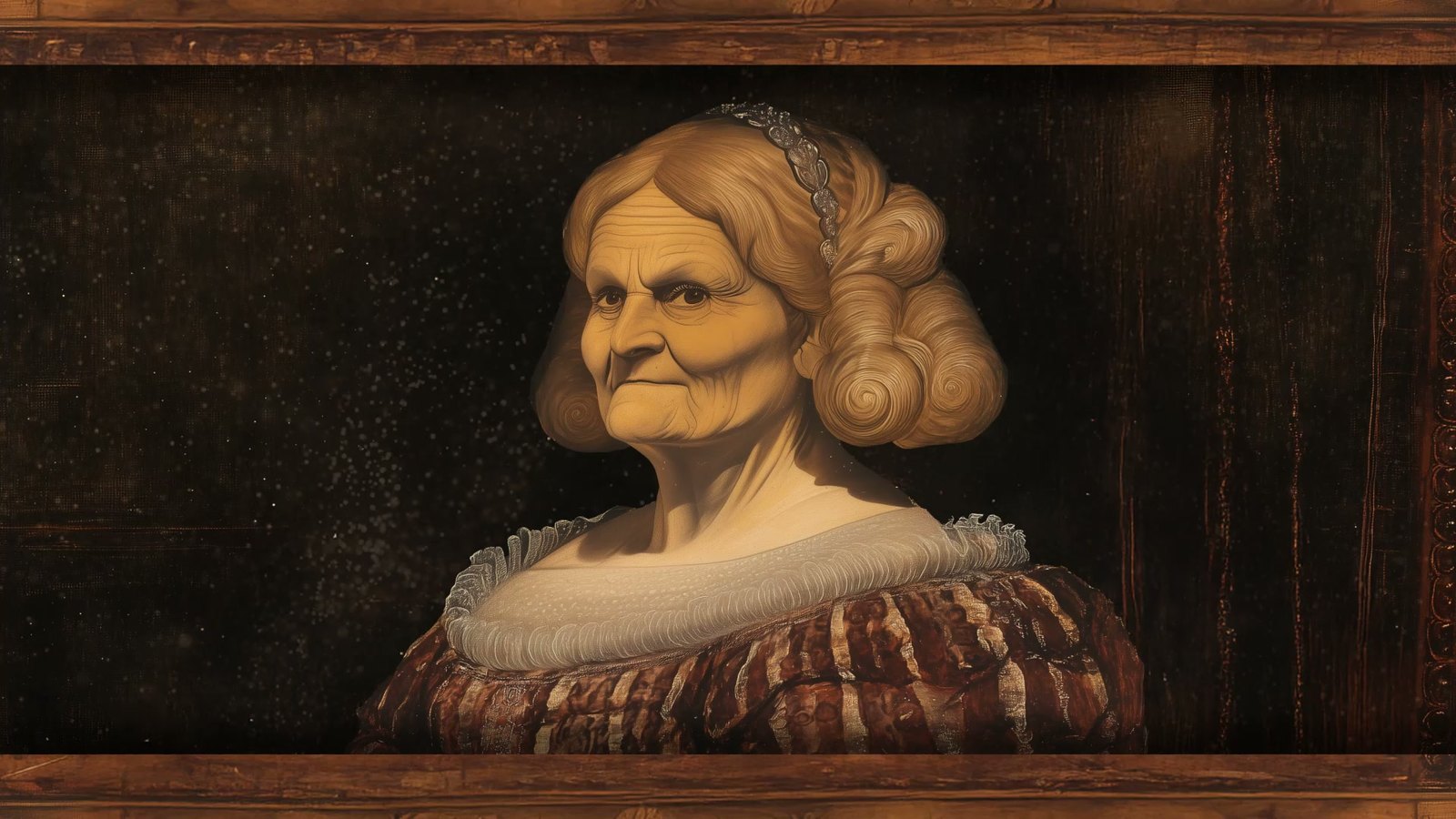 Film still: a painted portrait of Queen Bona Sforza, an older woman with braided fair hair, in a dark wooden frame