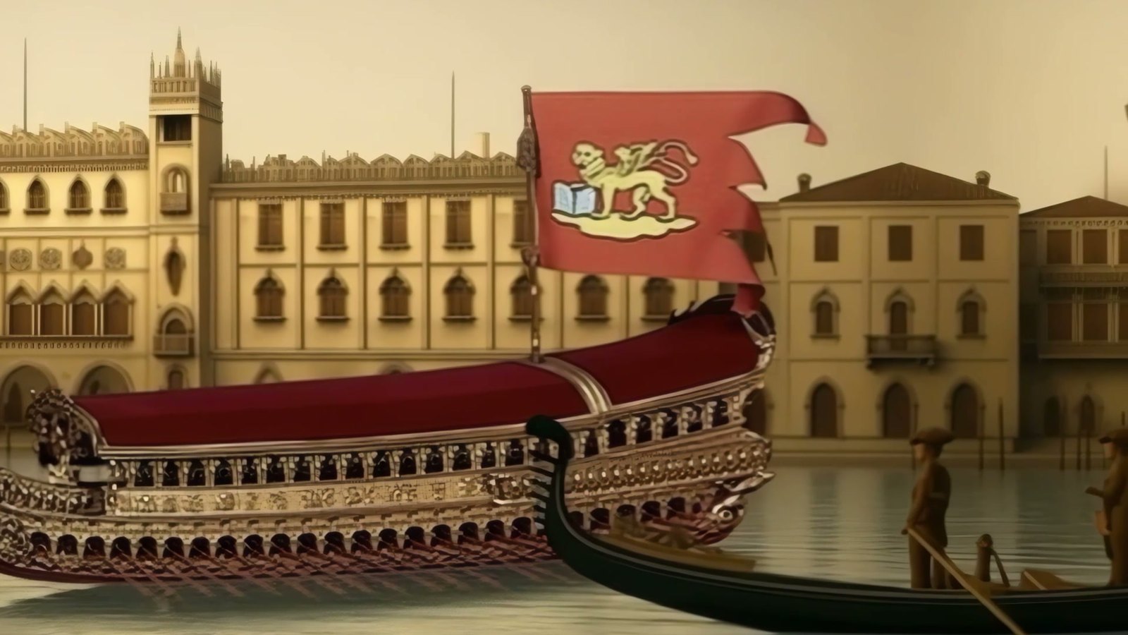 Film still: the red and gold state galley, the Bucintoro, moored before Venetian palaces under the banner of Saint Mark