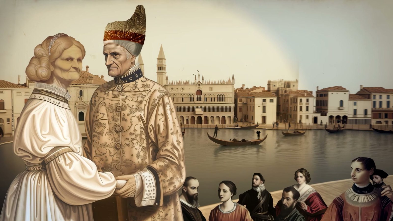 Film still: the Doge in his ceremonial dress takes the hands of Queen Bona on the Venetian waterfront, a crowd behind