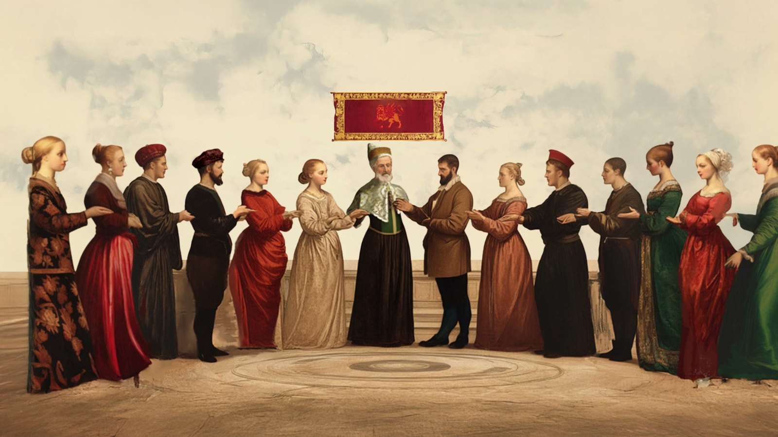 Film still: men and women of Venice in a long row, joining hands beneath the banner of Saint Mark