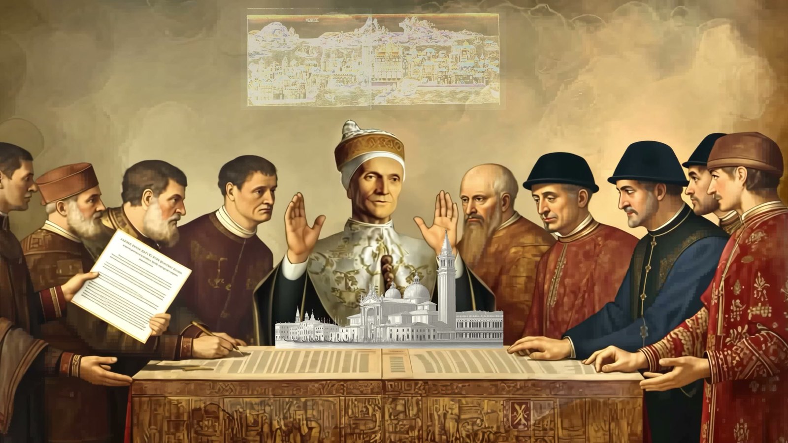 Film still: the Doge at the centre of a table of older statesmen in Venetian dress, a small model of Venice before them