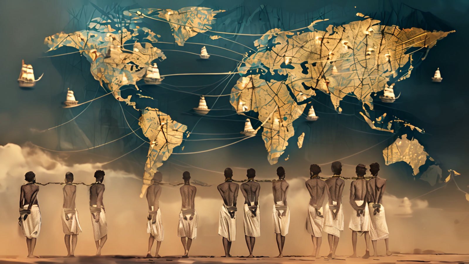 Film still: a row of captives in white cloth, hands bound behind them, standing before a glowing world map with ships
