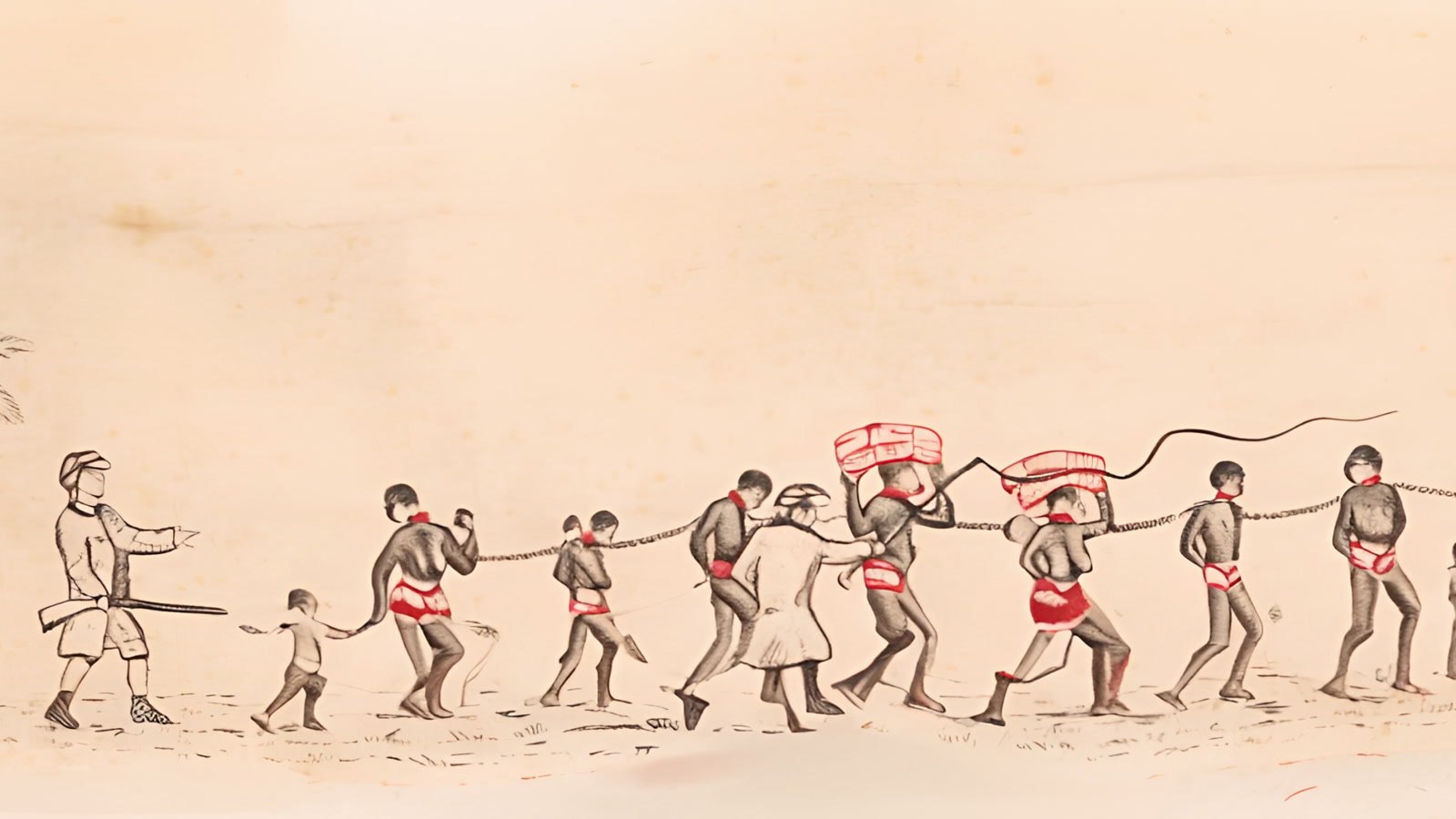 Film still: a line of captives, bound together and carrying loads, driven by an armed man, drawn in ink on pale paper