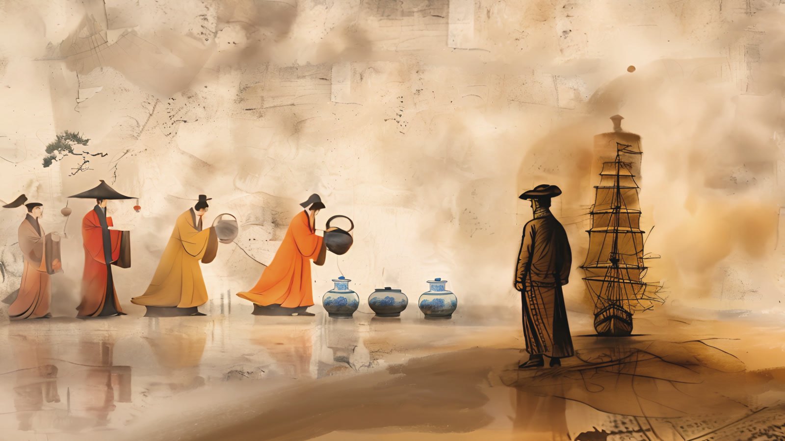 Film still: merchants in long robes bringing blue-and-white jars to the converso by his ship