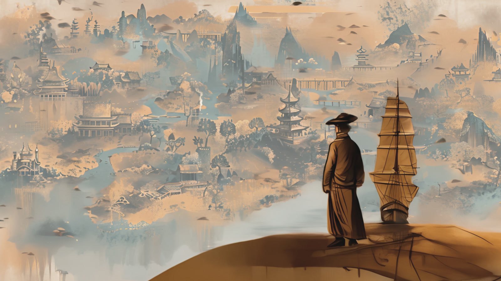 Film still: the converso beside his ship, looking out over a landscape of Asian cities and pagodas