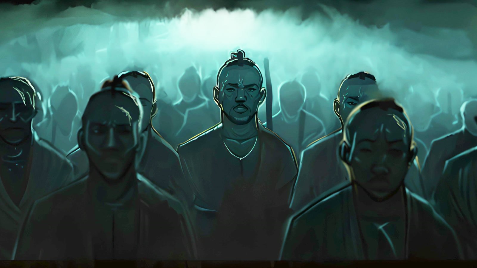 Film still: close-up of three men's faces in the crowded hold of a ship, many others behind them