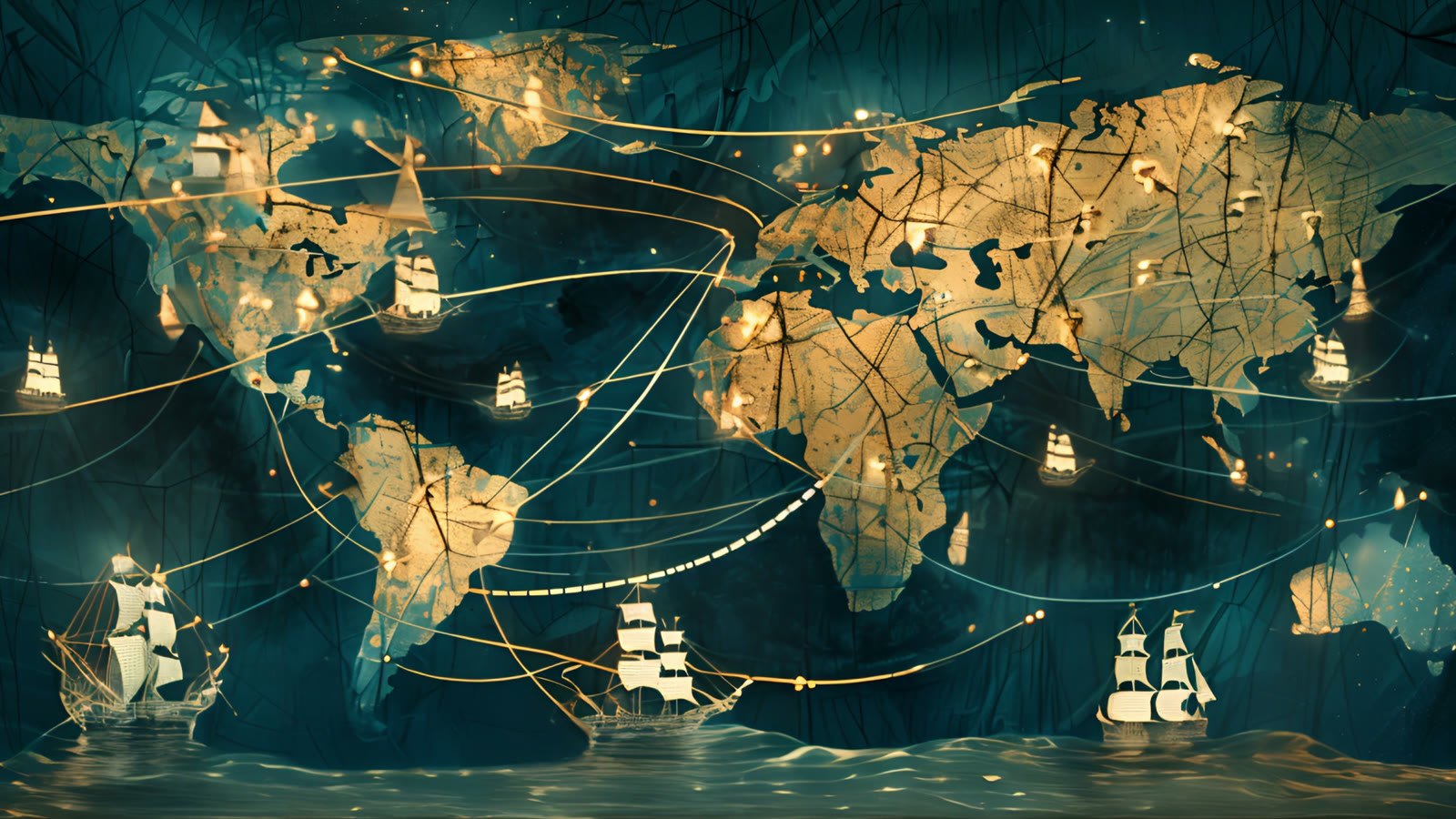 Film still: a glowing world map with ships on every route
