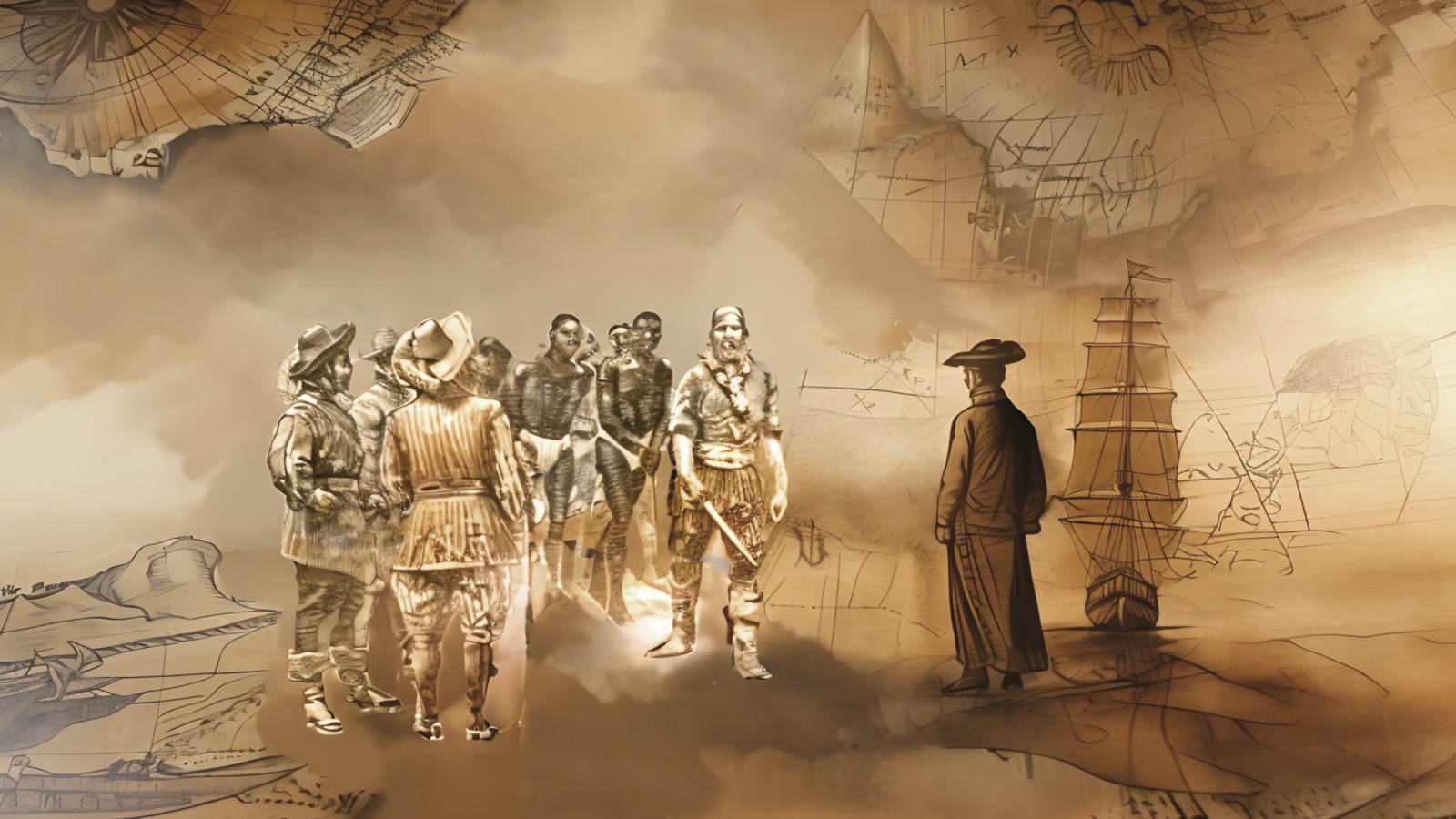 Film still: Portuguese merchants and captives on one side, a man in a dark robe and hat beside a tall ship on the other, over old maps