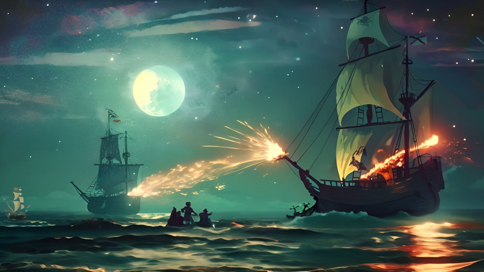 Film still: a ship under a full moon, firing a broadside at another ship at night