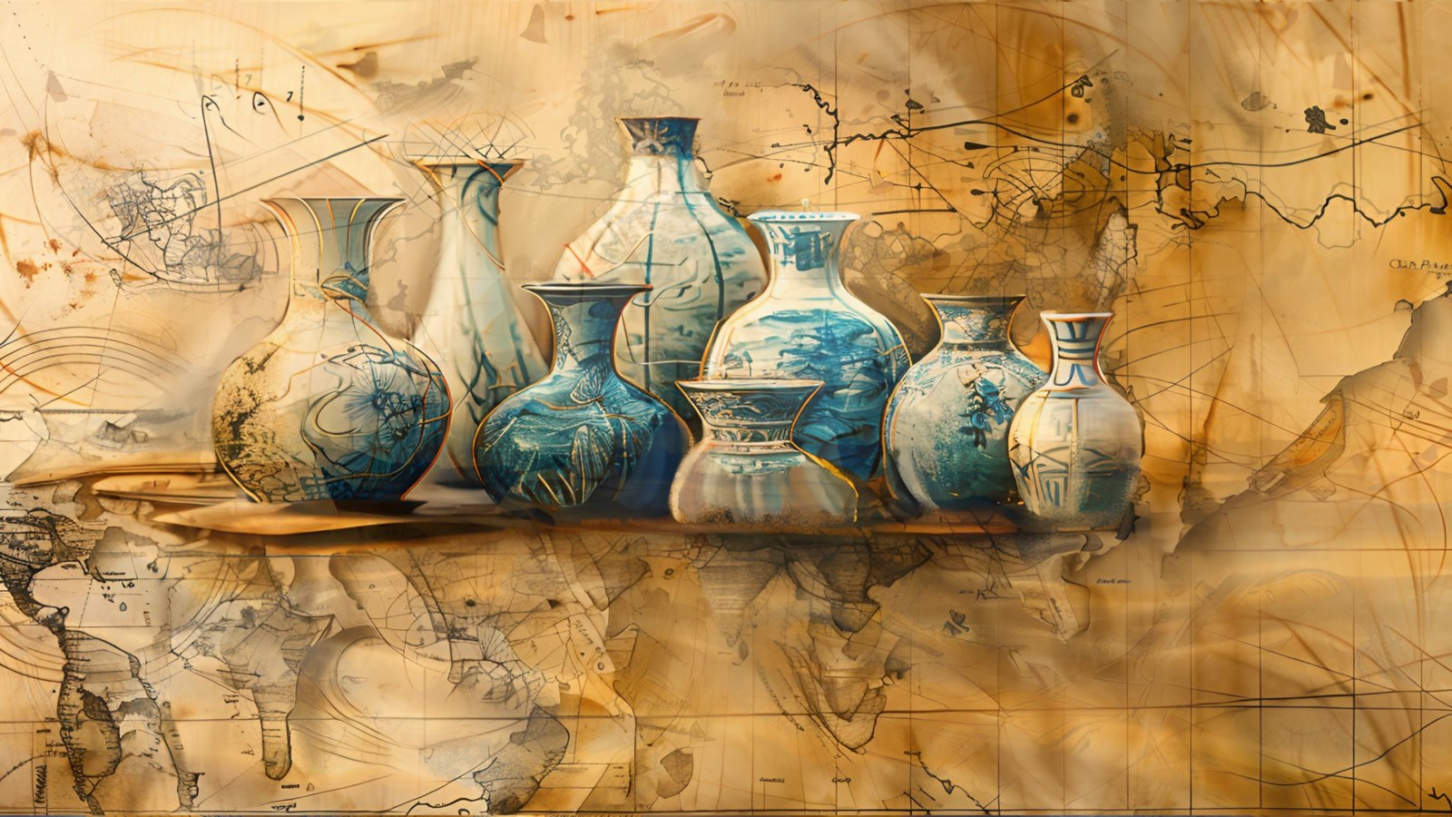 Film still: blue-and-white porcelain vases set out over an old map
