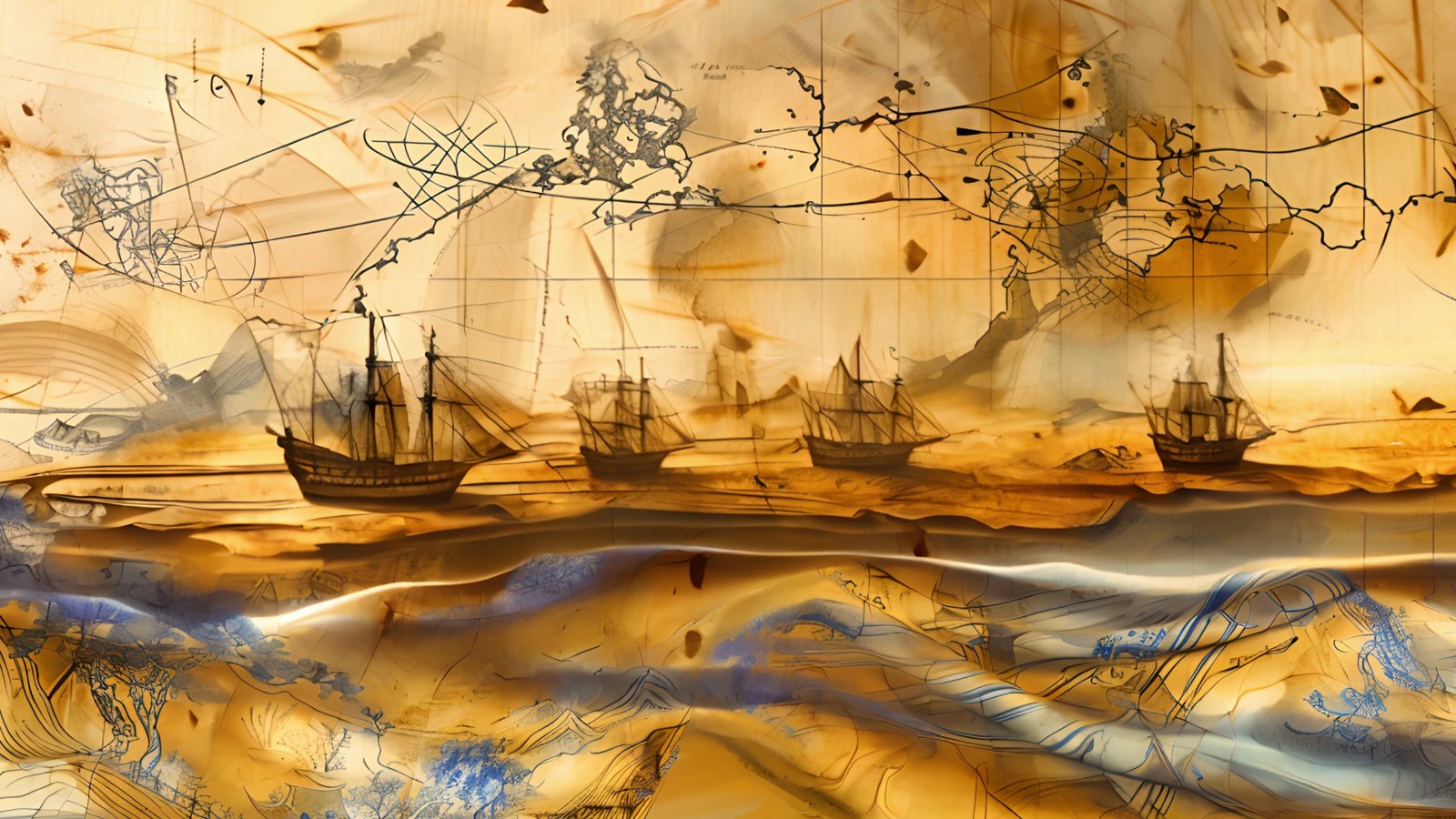 Film still: ships sailing on waves that ripple like folds of gold and blue cloth
