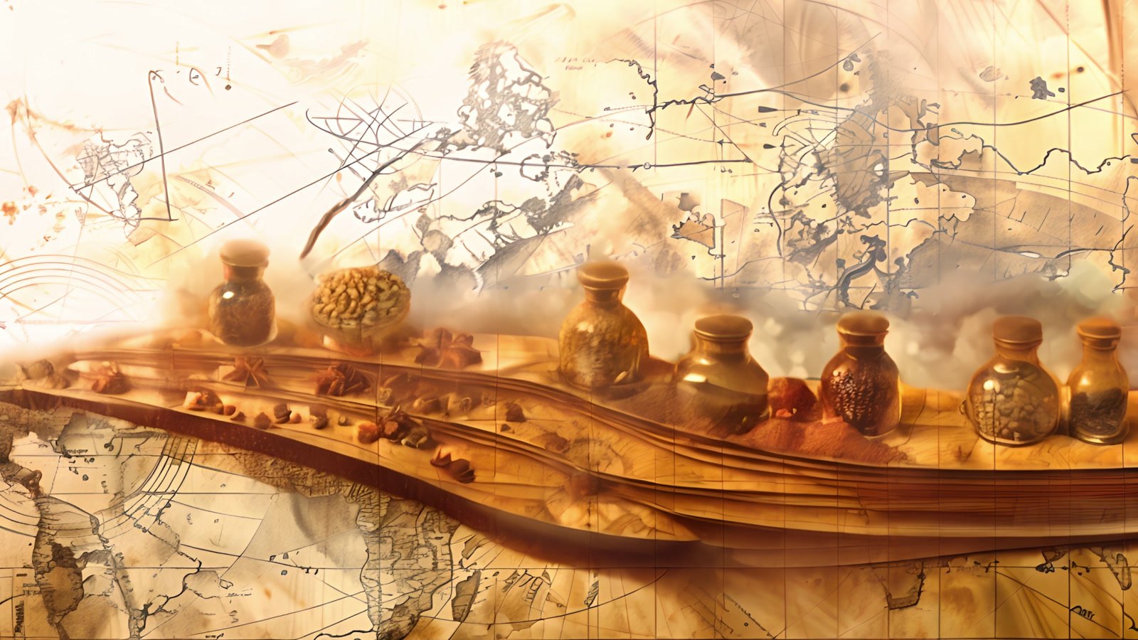Film still: glass jars of spice set along a golden wave over an old map