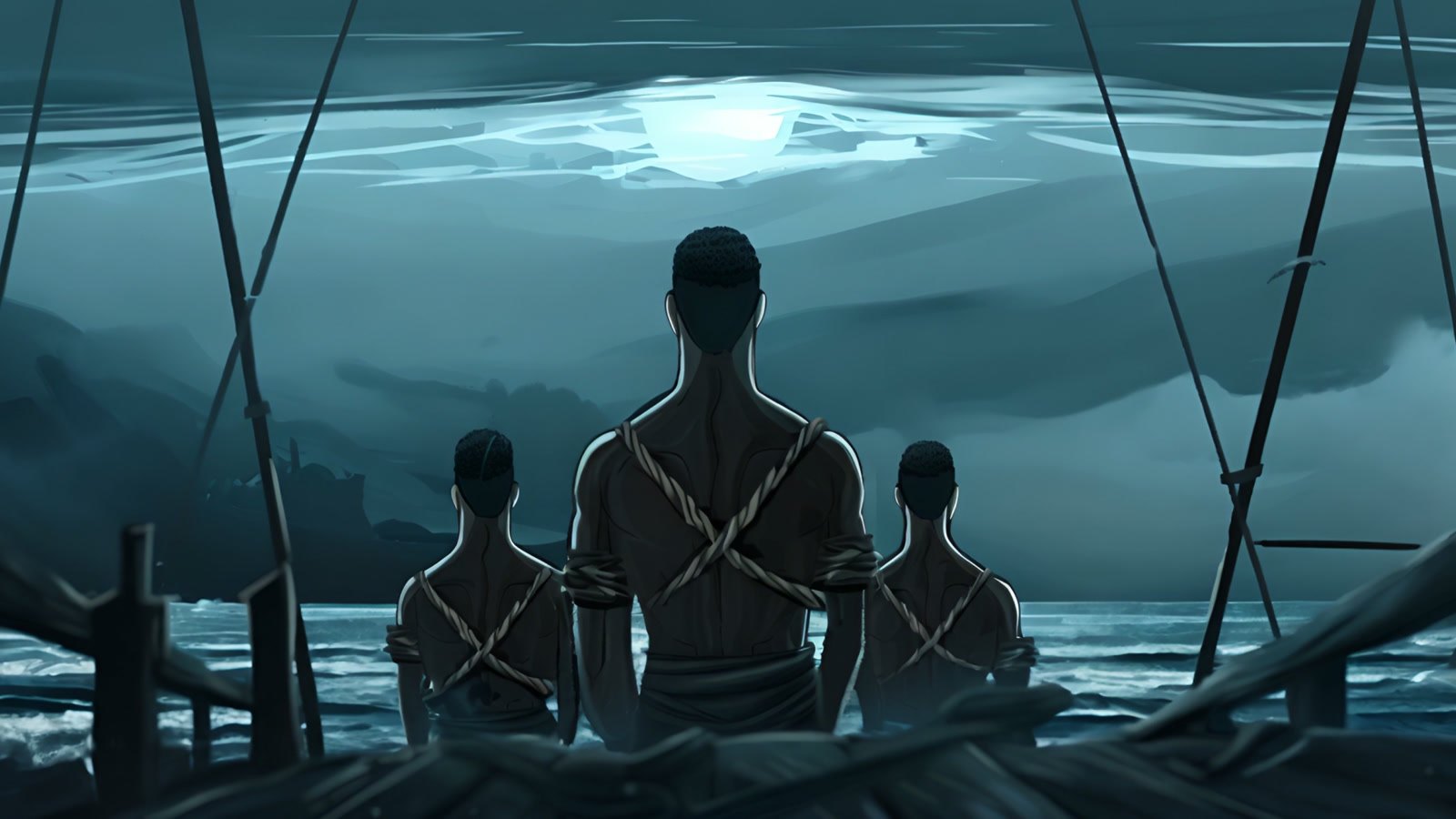 Film still: three bound men on the deck of a ship at night, seen from behind, looking toward the shore
