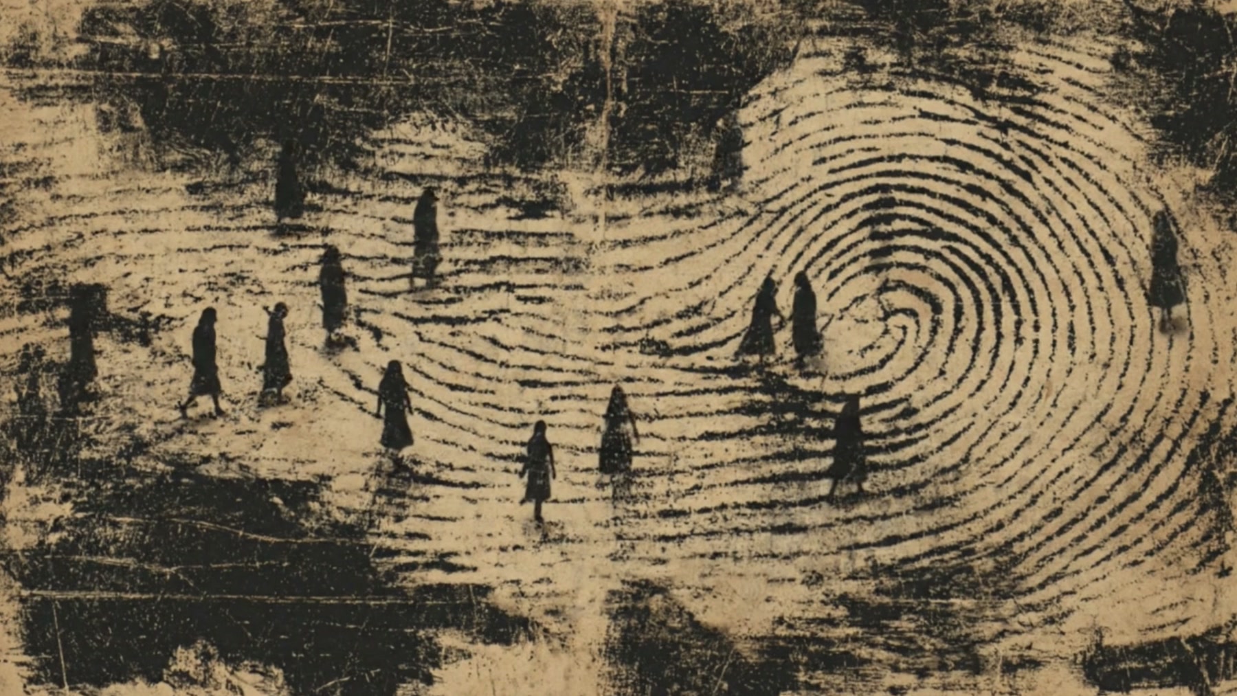Film still from Verena Meier's film: small figures walking along the ridges of a vast fingerprint