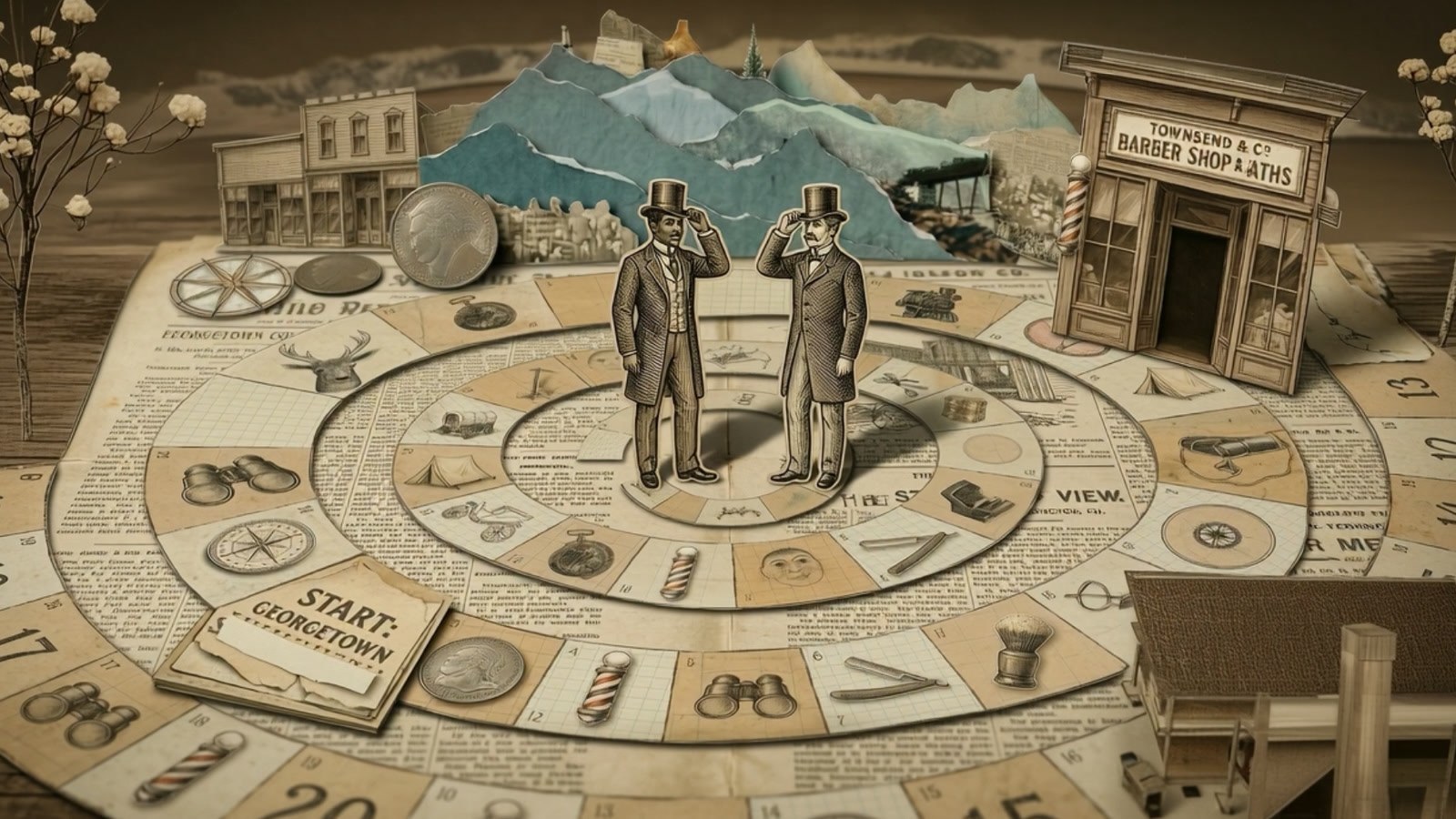 Film still: two men in top hats, one Black and one white, raising their hats to each other on the game board, with wooden shopfronts and a mountain behind them