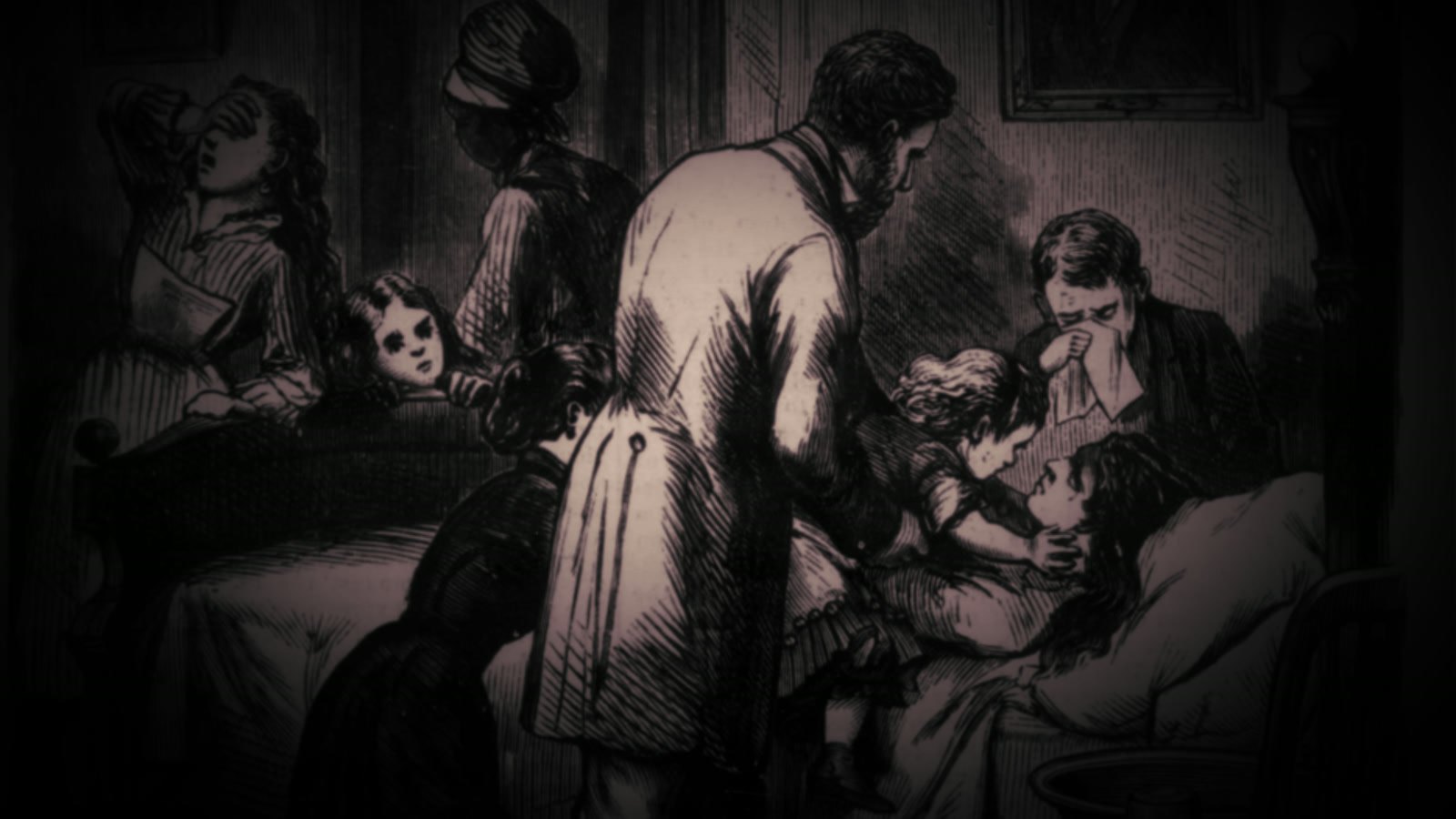 Film still: the same deathbed scene, animated