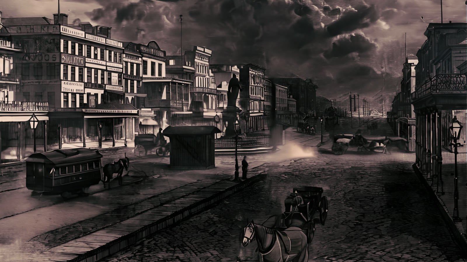 Film still: an animated 1850s New Orleans street under a dark sky