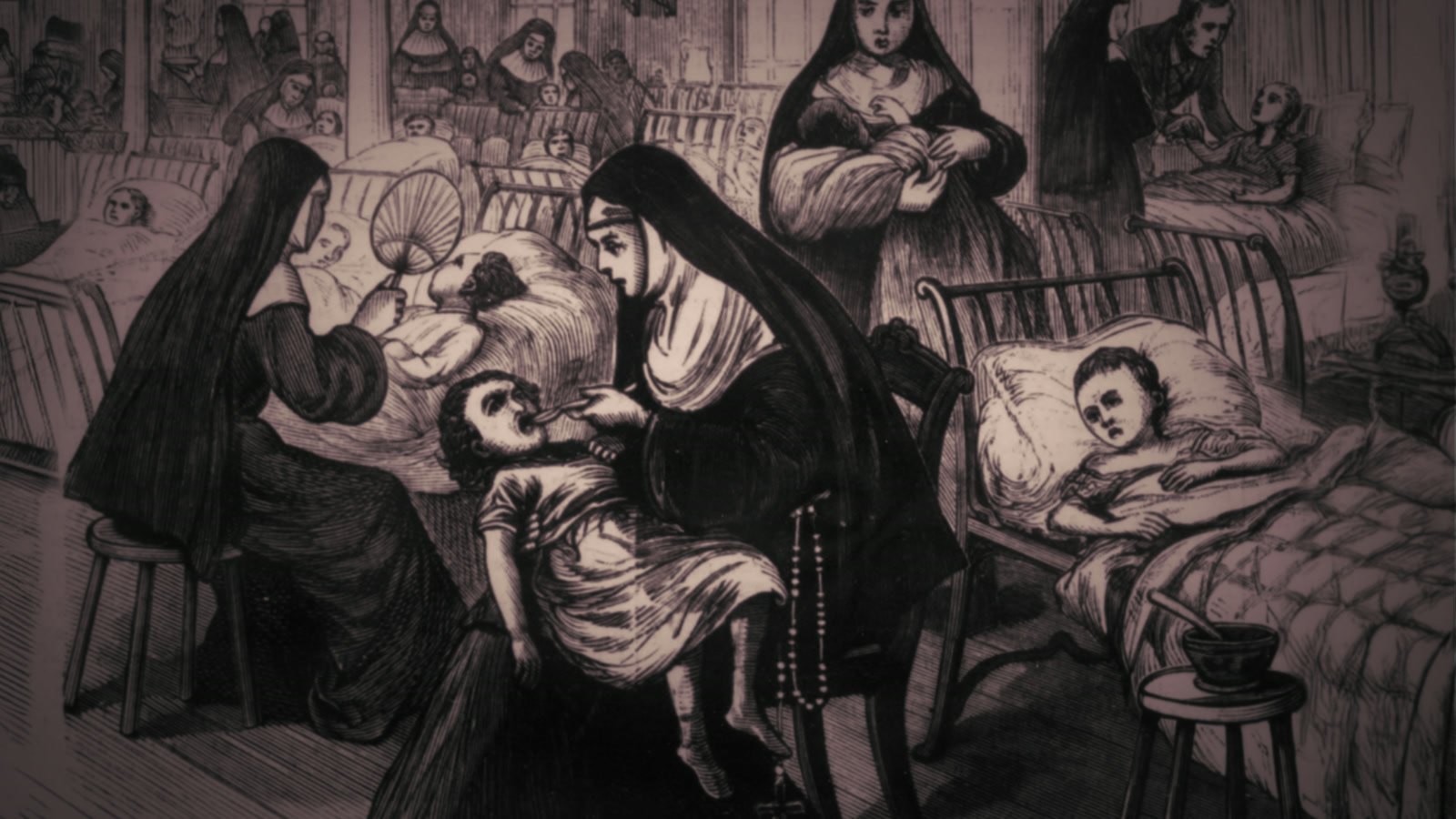 Film still: the same ward with nuns, animated