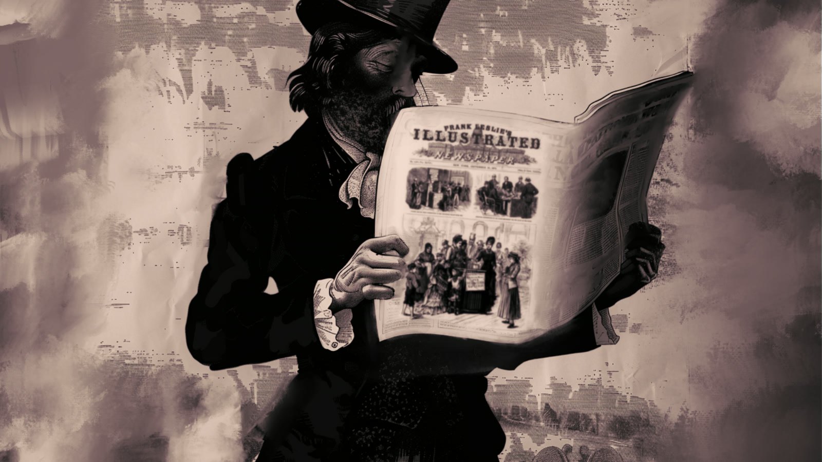 Film still: a man in a top hat reading Frank Leslie's Illustrated Newspaper