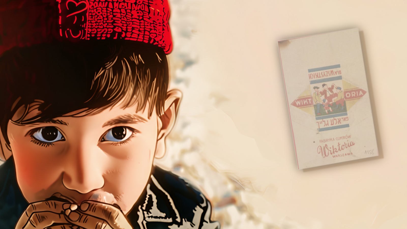 Film still: a boy in a red knitted hat holding a sweet to his mouth, looking straight out, its wrapper beside him