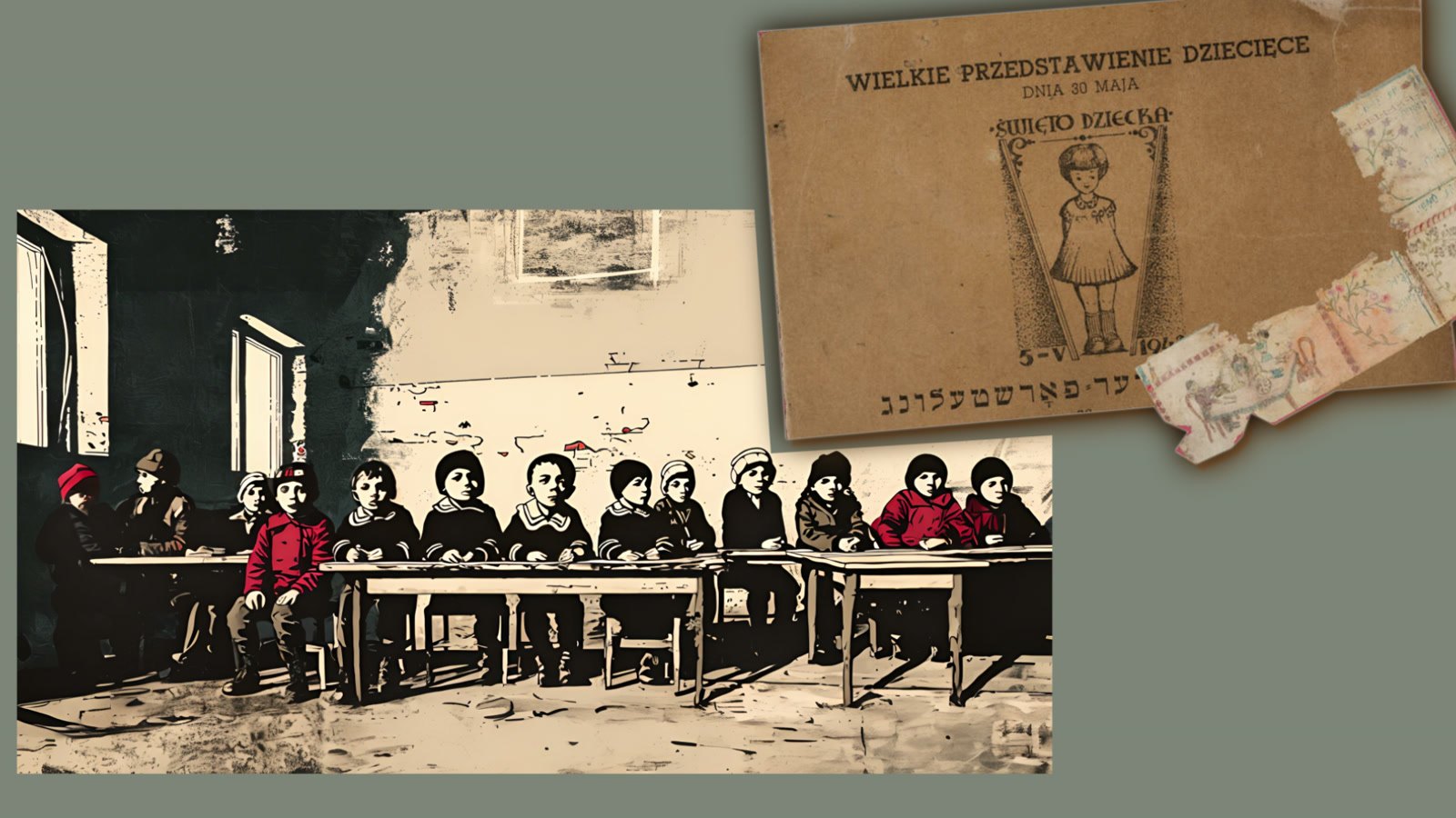 Film still: a poster for a children's performance beside a classroom of children