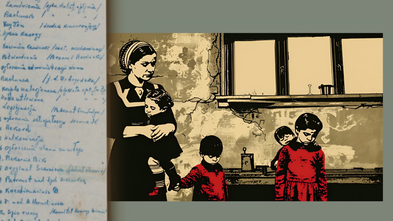 Film still: a page of handwritten testimony beside a mother and her children