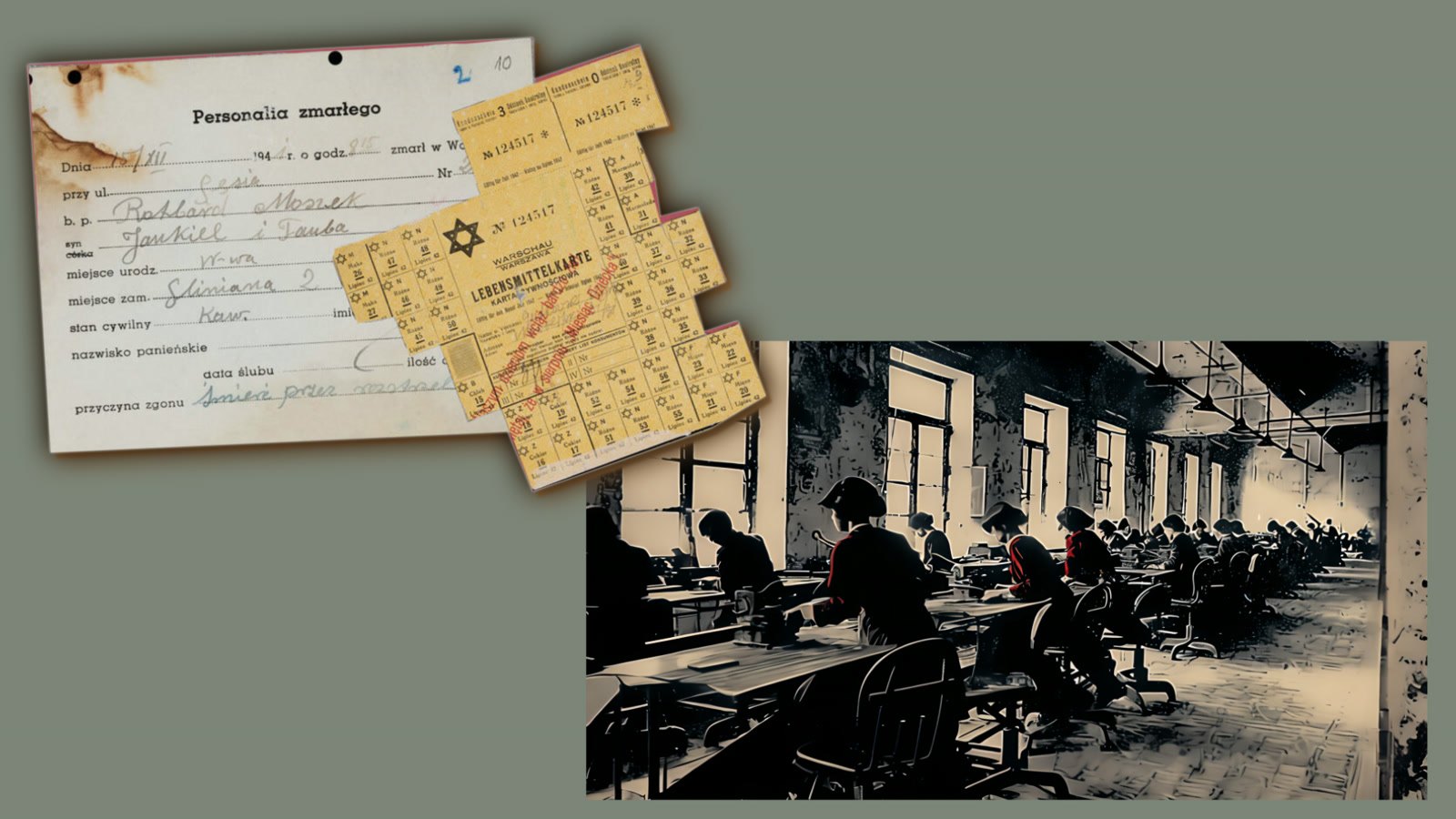 Film still: an identity card and ration coupons beside an illustration of people working at long tables
