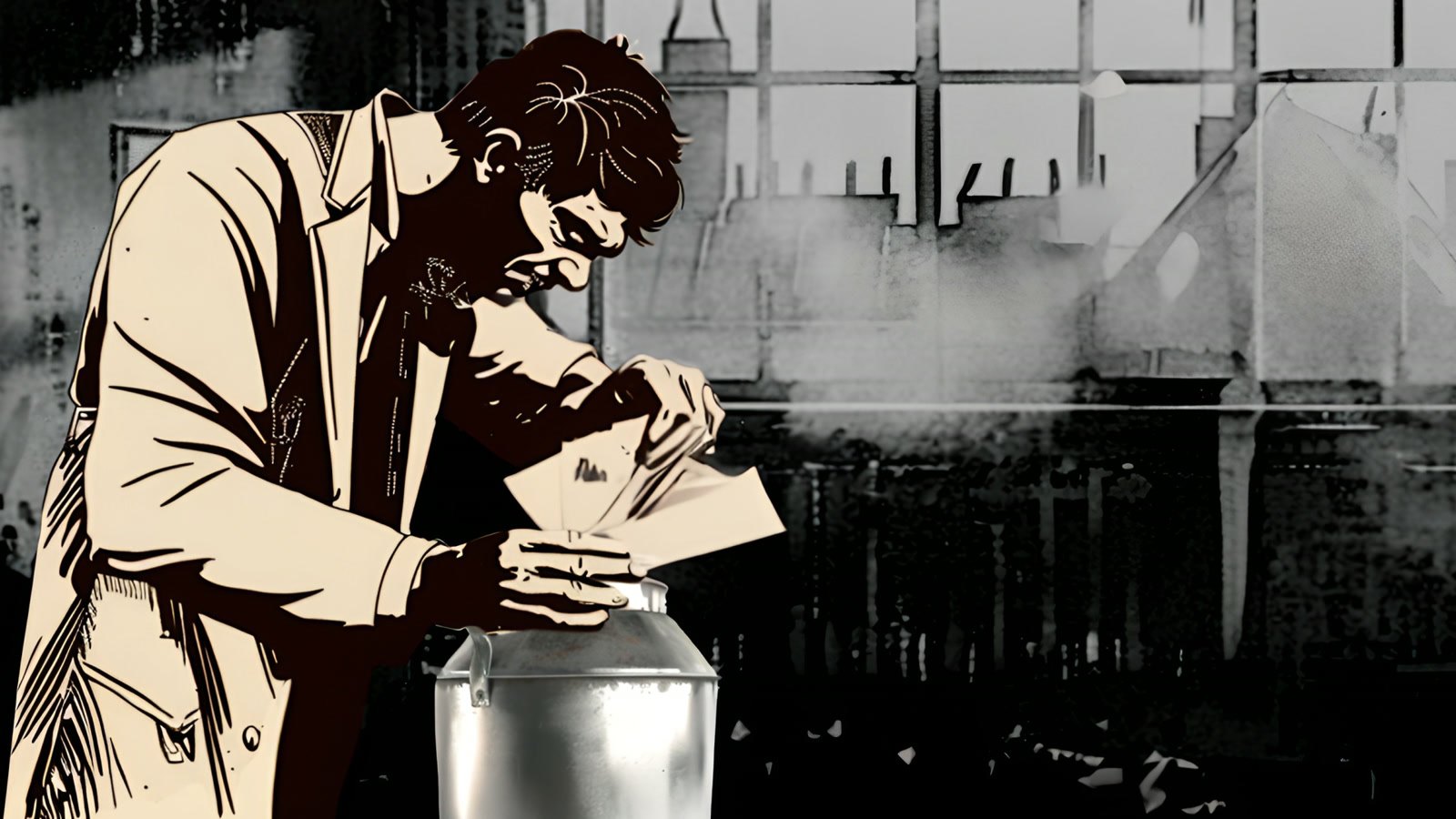 Film still: a man placing papers into a milk can