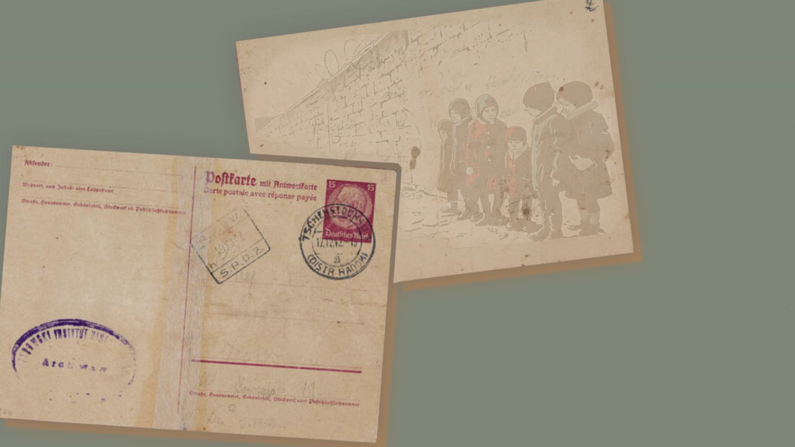 Film still: two postcards from the ghetto with stamps and postmarks