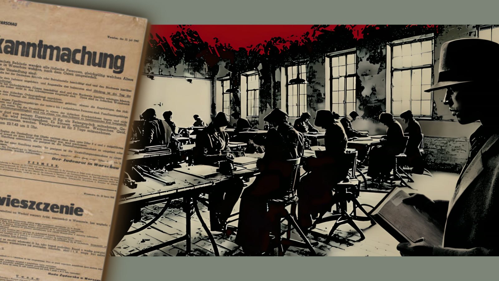 Film still: a German proclamation in German and Polish beside a workshop